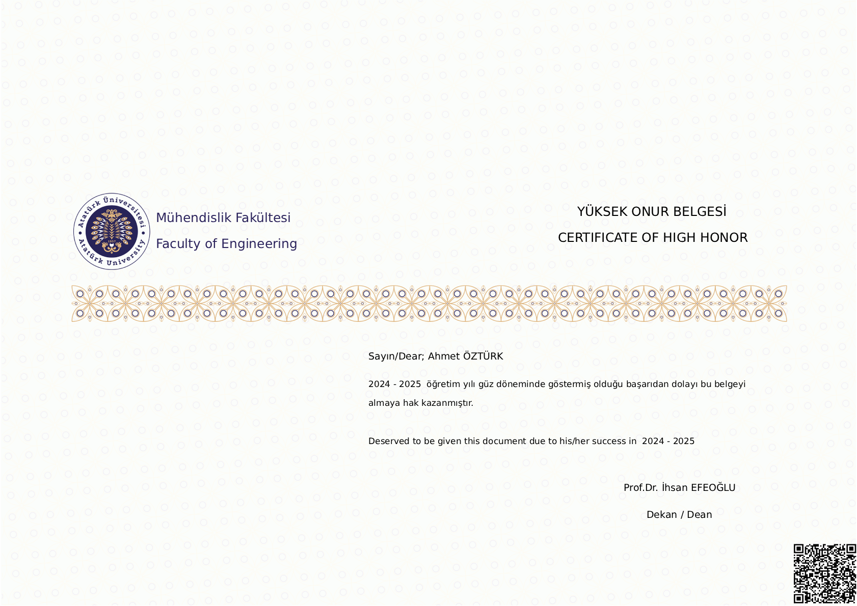 Certificate of Honor - Fall 2024-2025 Semester